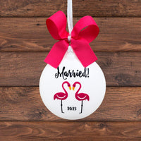 Personalized Wedding Christmas Ornament, Flamingos